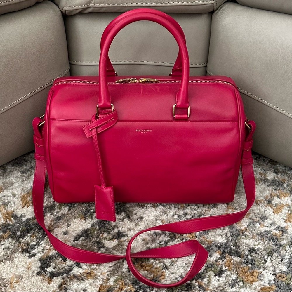 SAINT LAURENT FUCHSIA YSL 2 WAY LEATHER DUFFEL BOSTON CROSSBODY BAG CARDS & COA